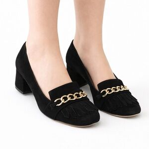 Size 10 Karl Lagerfeld Paris Black Suede Kiltie Block Heel Square Toe Pumps